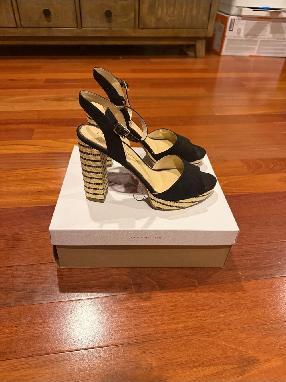 Jessica Simpson Black Suede Platform Wedges with Striped Heel